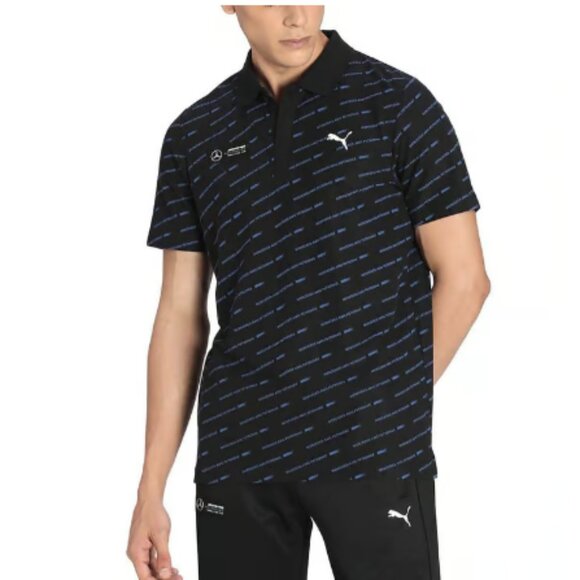 PUMA MAPF1 AOP Mens Medium Polo Shirt Short Sleeve Black Mercedes Benz Print NWT - Picture 1 of 16